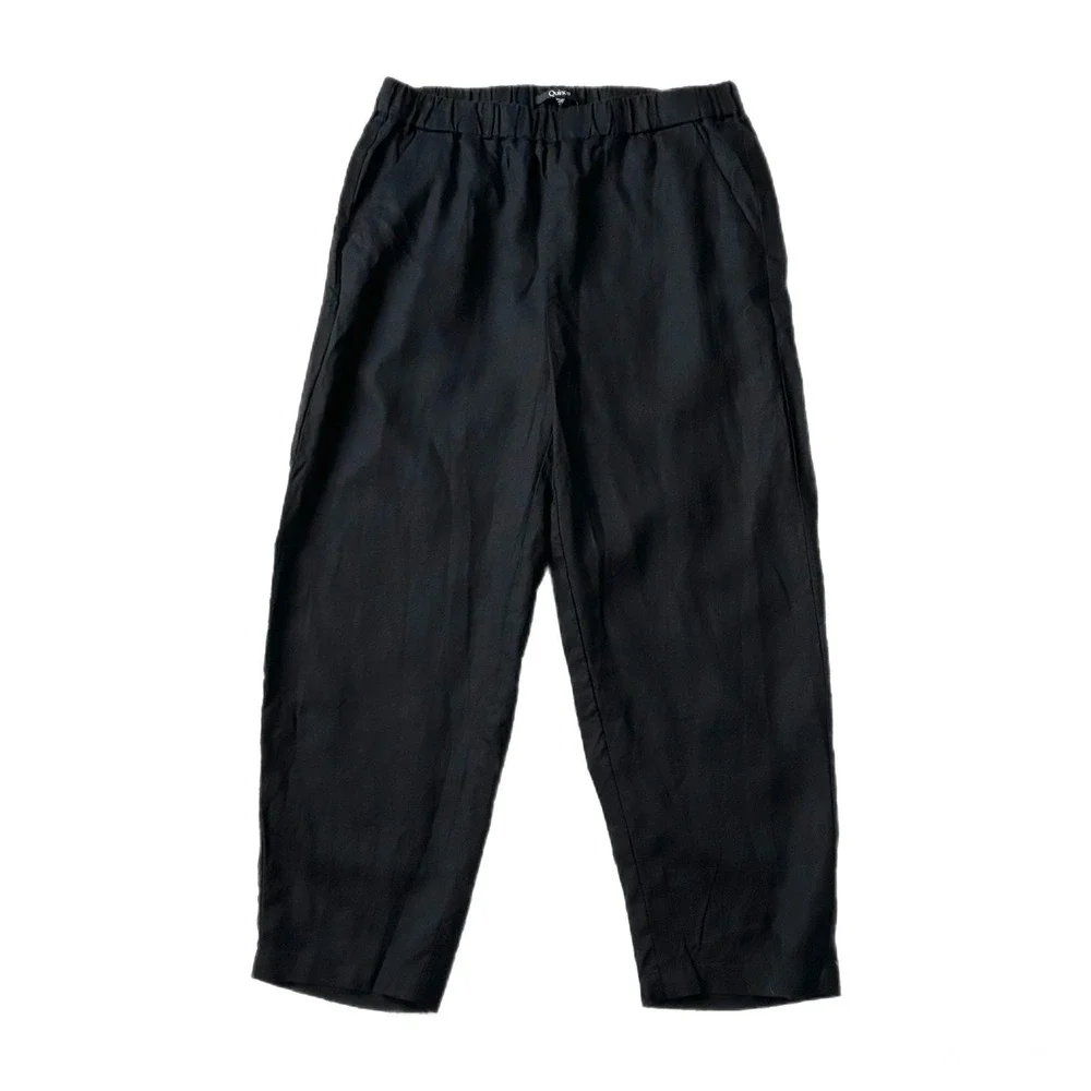 Quince 100% European Linen Wide Leg Elastic Waist Ankle Pants Black Size Large